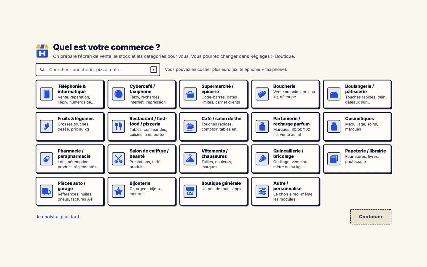"Which shop do you run?" screen with nineteen shop types
