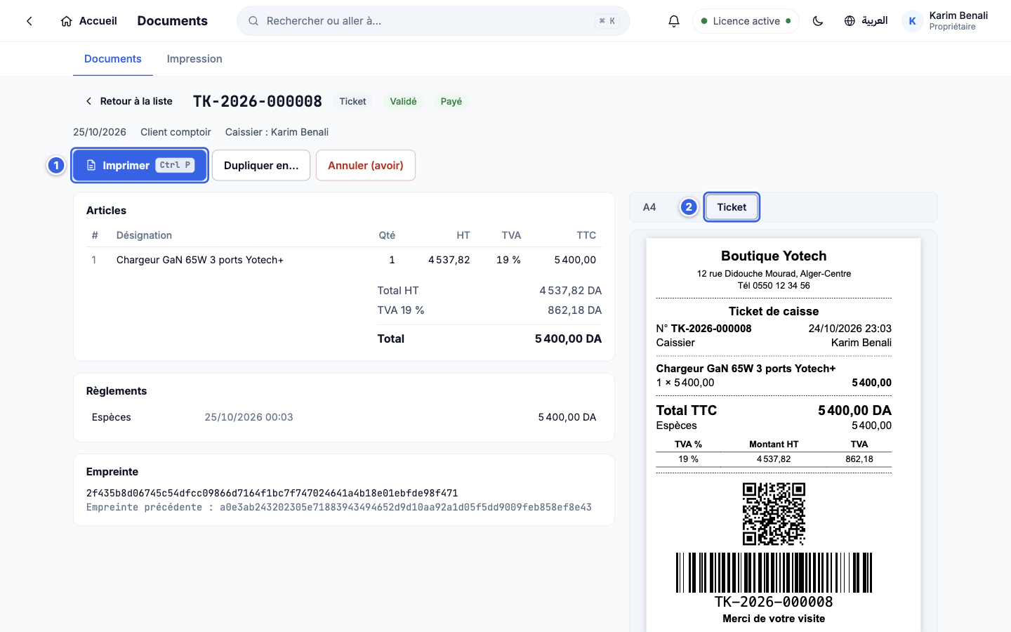 Détail d'un ticket avec l'aperçu au format ticket
