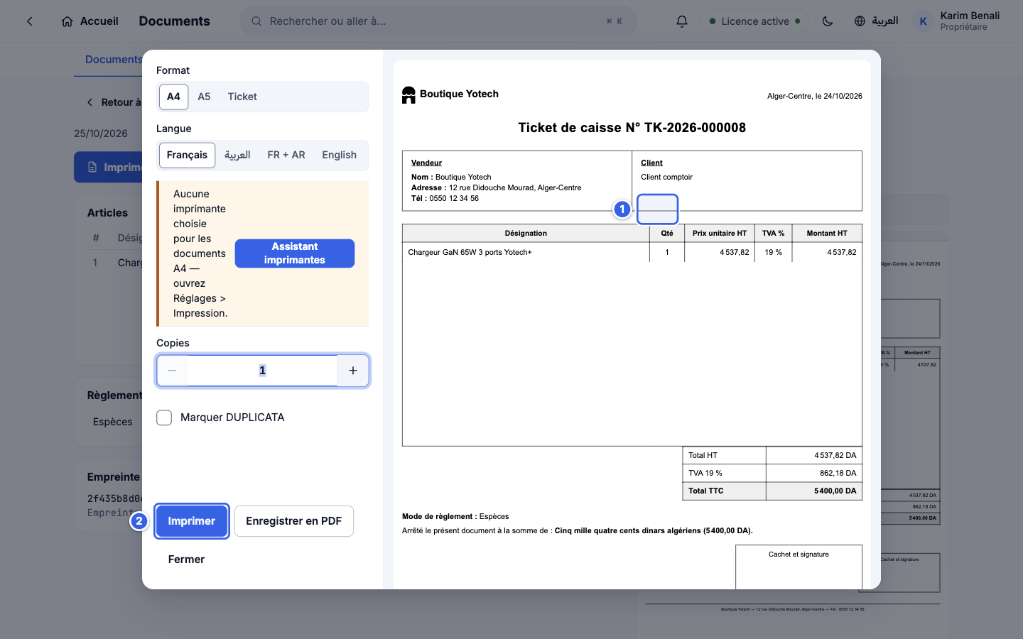 Fenêtre d'impression avec format, langue et copies