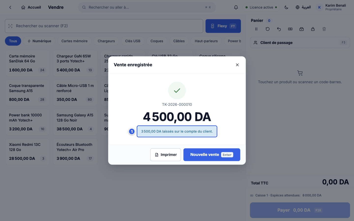 Vente enregistrée avec le montant laissé sur le compte