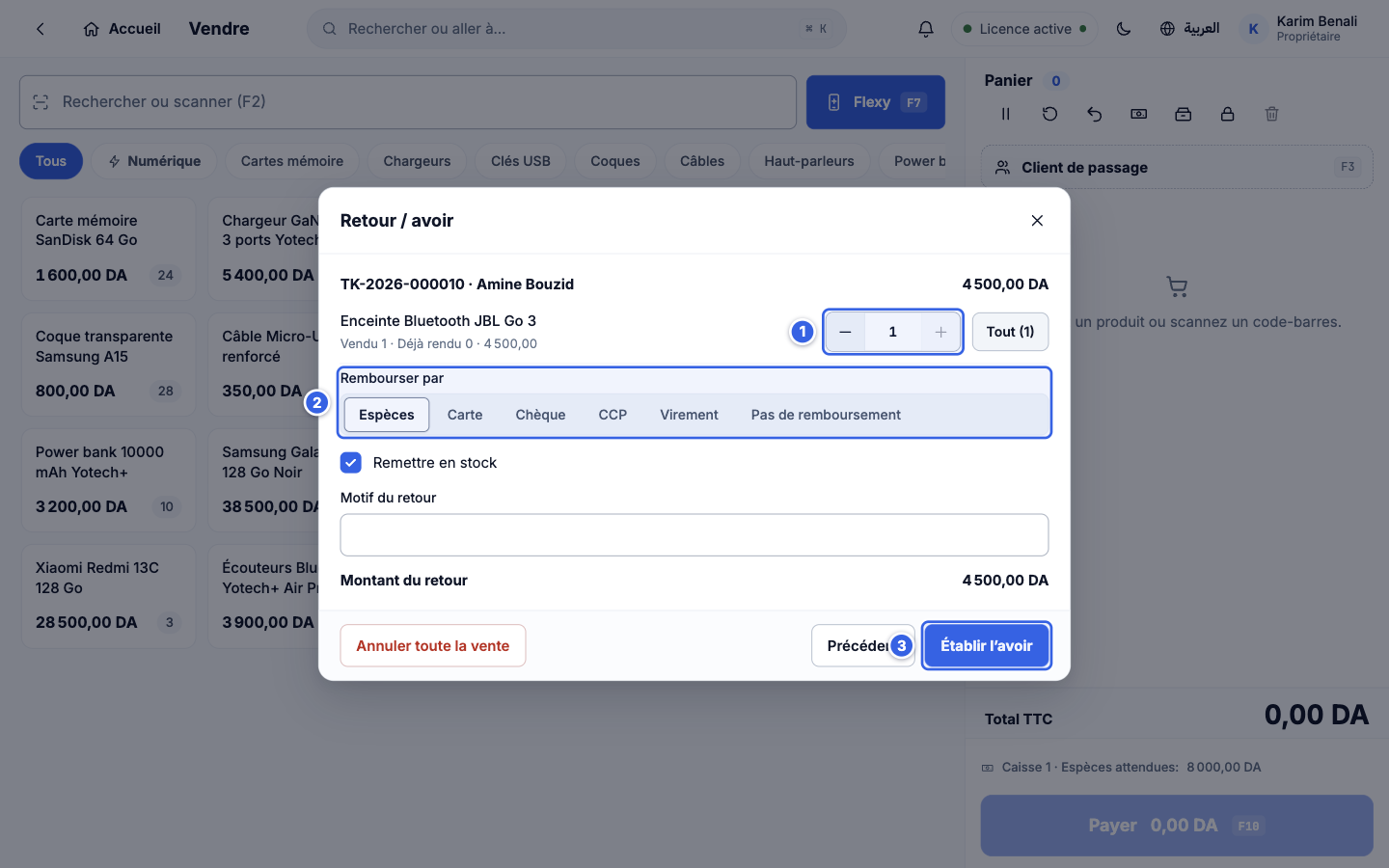 Retour d'une ligne avec le mode de remboursement