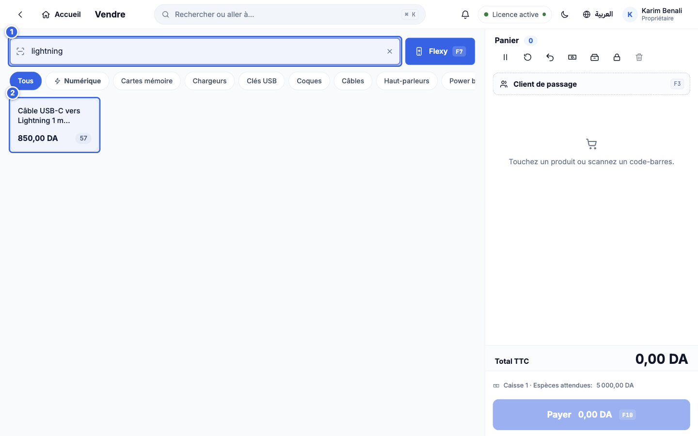 Recherche du mot lightning dans la caisse