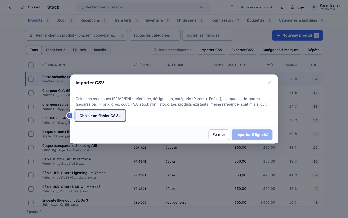 Fenêtre d'import CSV